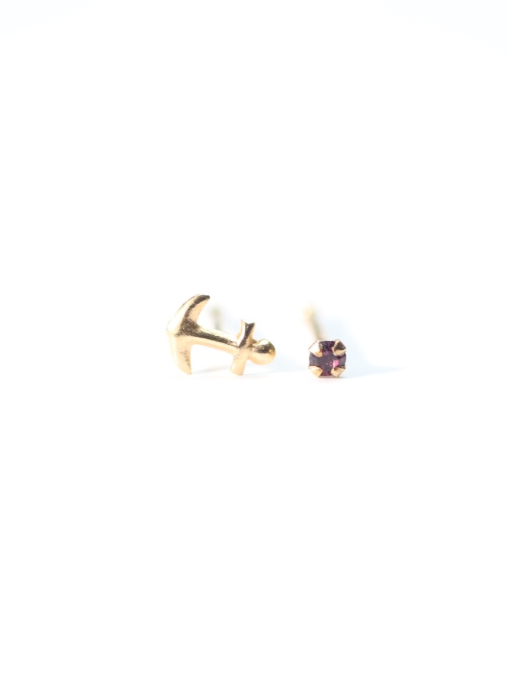 Solid 9kt Gold Mini Anchor and garnet Nose Piercings Straight nose bar New